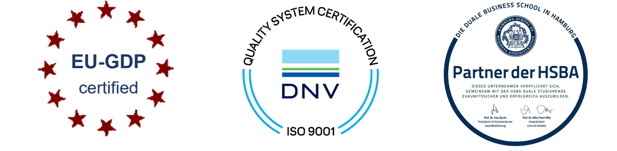 EU-GDP, DNV ISO 9001 and Partner der HSBA certificates